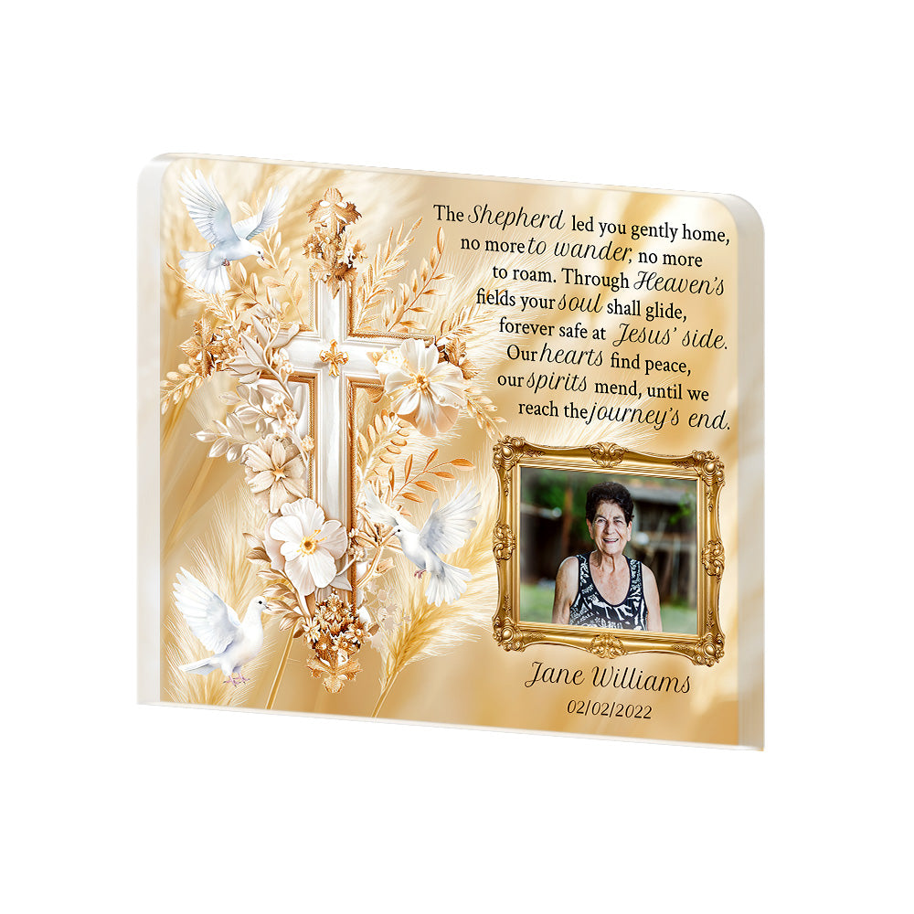Personalized Memorial Plaque with Photo – Golden Cross & Doves, “Journey’s End” Christian Sympathy Gift