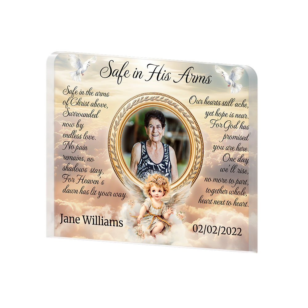 Personalized Memorial Plaque with Photo – Cherub & Doves, “Safe in His Arms” Sympathy Gift