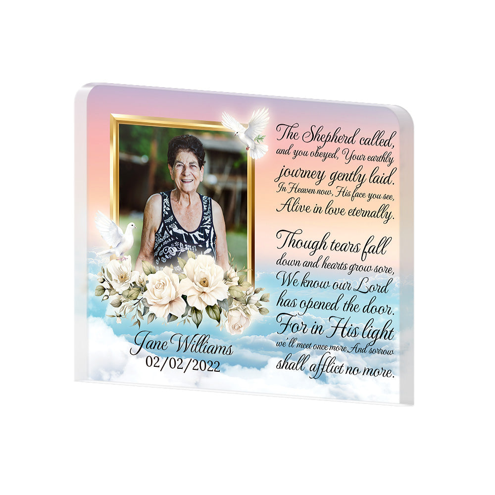 Personalized Memorial Plaque with Photo – White Roses & Doves, “The Shepherd Called” Sympathy Gift