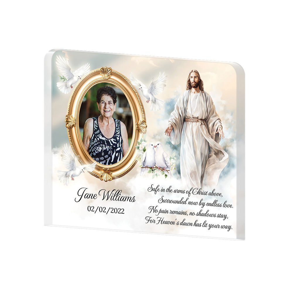 Personalized Memorial Plaque with Photo – Jesus & Doves, “Safe in the Arms of Christ” Sympathy Gift
