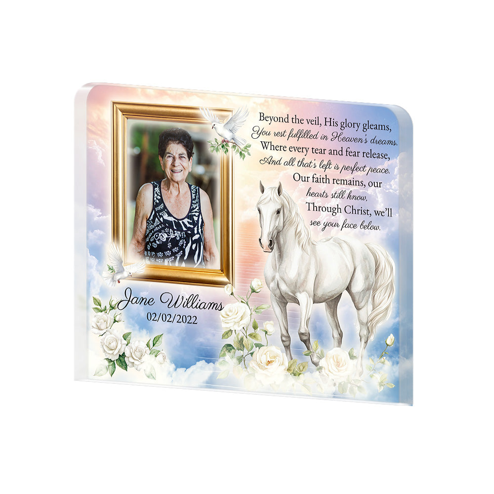 Personalized Memorial Plaque with Photo – White Horse & Doves, “Beyond the Veil” Christian Sympathy Gift