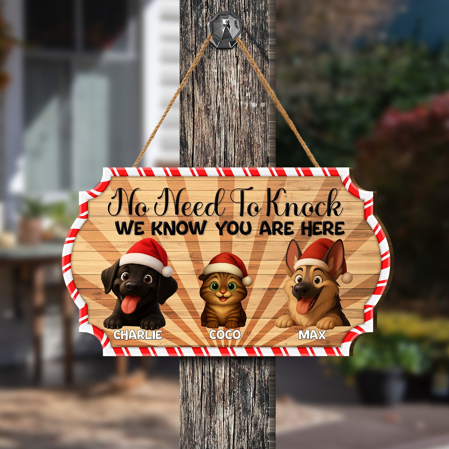 Personalized Christmas Pet Door Sign – “No Need to Knock, We Know You Are Here” – Cat & Dog Wooden Sign - Upload Photo