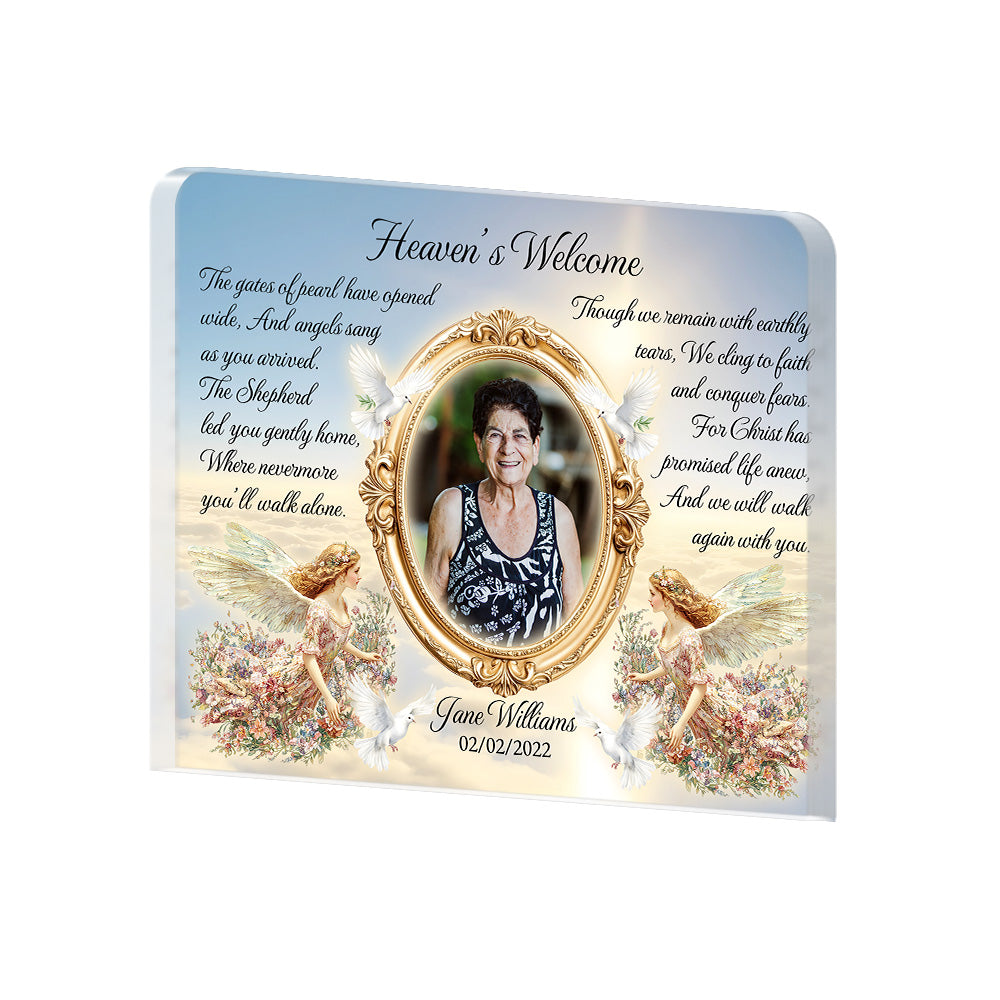 Personalized Memorial Plaque with Photo – Angels & Doves, “Heaven’s Welcome” Christian Sympathy Gift