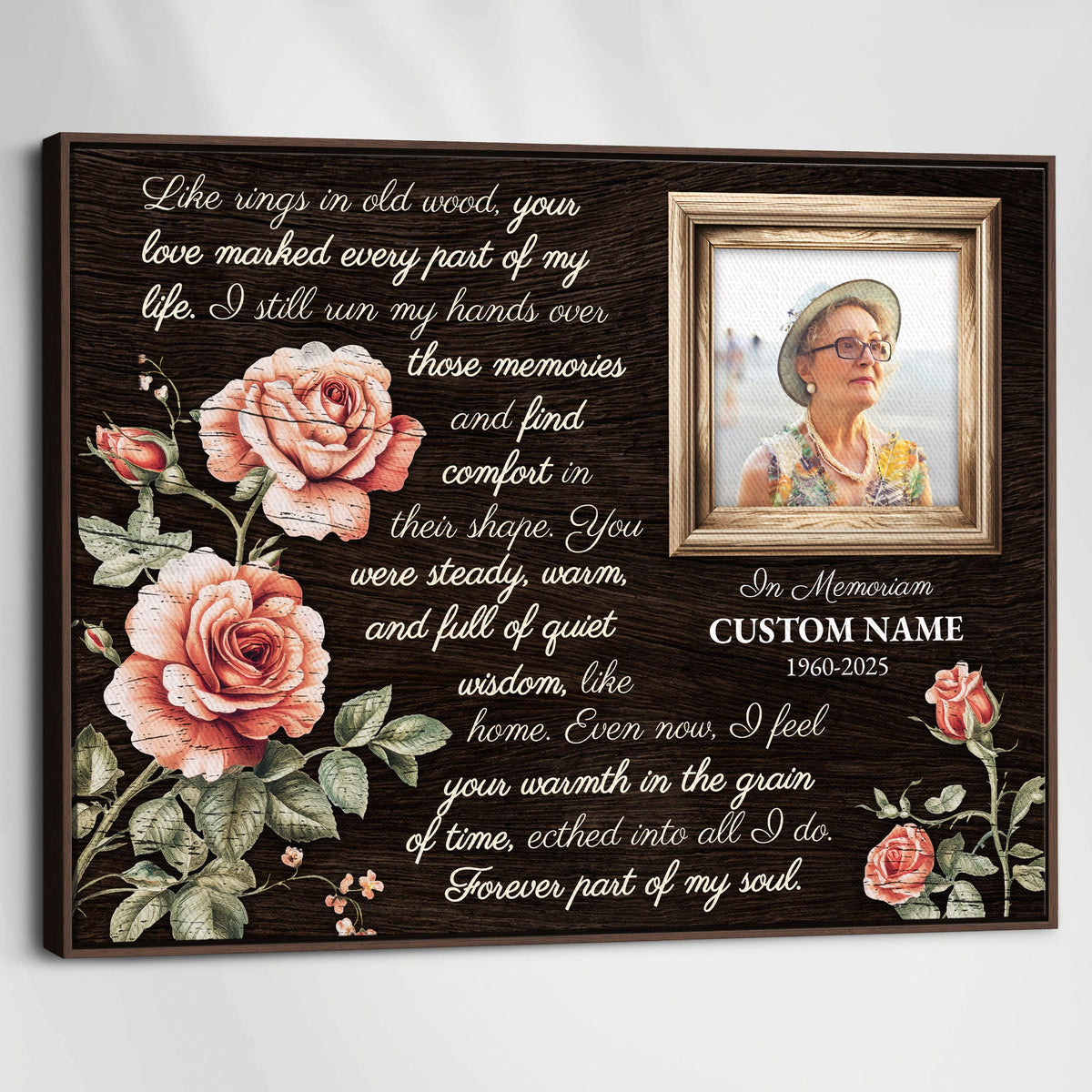 Personalized Memorial Canvas – Rustic Floral Tribute with Custom Photo & Name