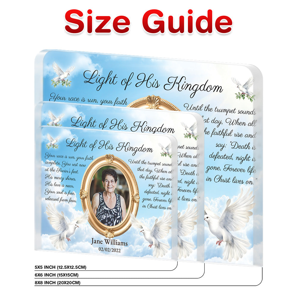Personalized Memorial Plaque with Photo – Doves & Clouds, “Light of His Kingdom” Christian Sympathy Gift