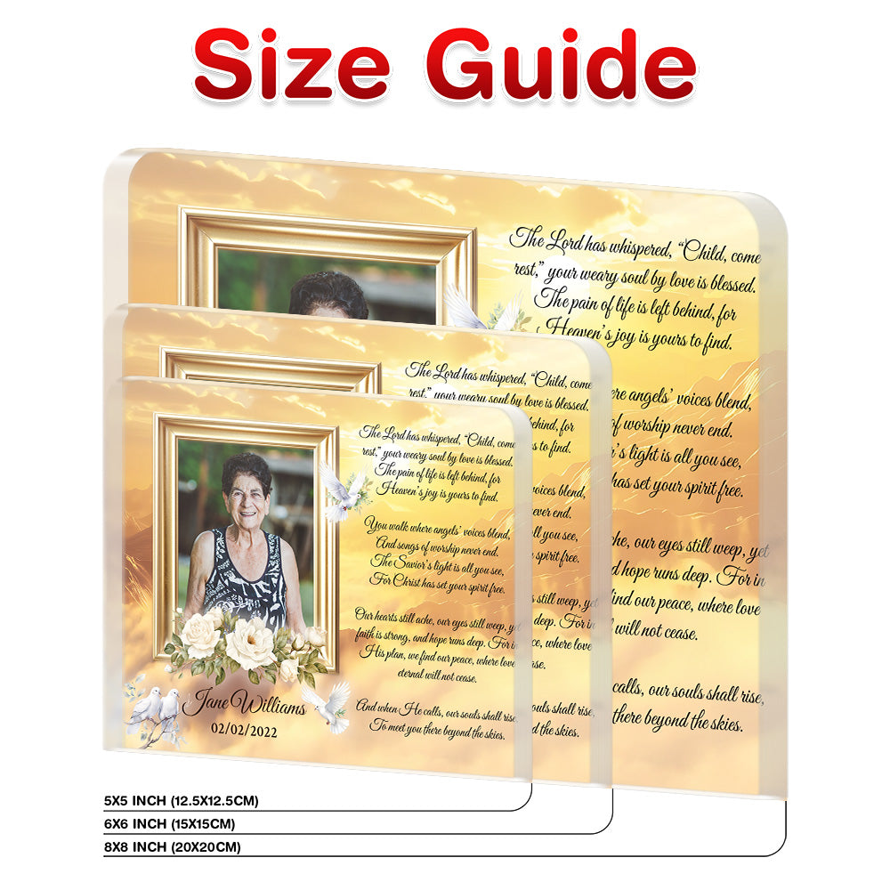 Personalized Memorial Plaque with Photo – Golden Sky & Doves, “Child, Come Rest” Christian Sympathy Gift