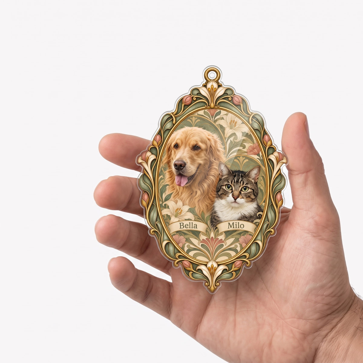 Personalized angel photo ornament held in a hand