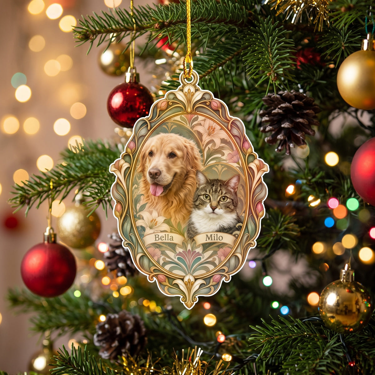 Personalized angel photo ornament hanging on a Christmas tree