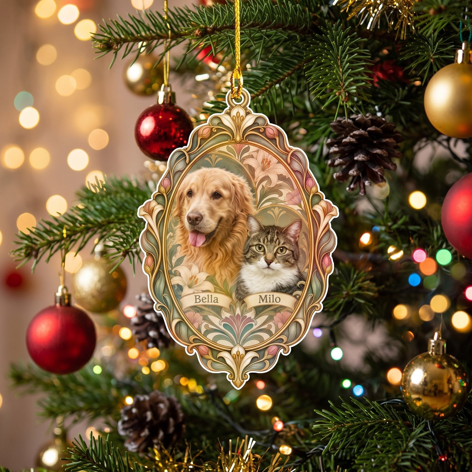 Personalized angel photo ornament hanging on a Christmas tree