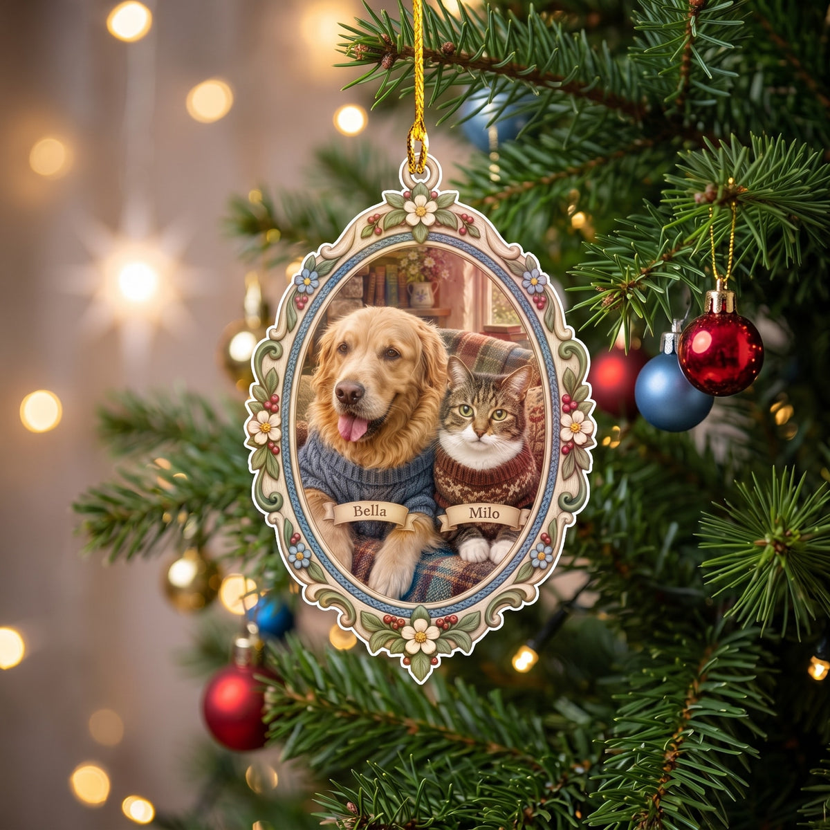 Personalized angel photo ornament hanging on a Christmas tree