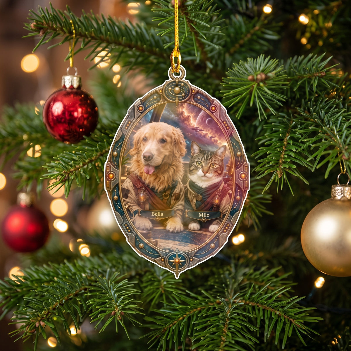 Personalized angel photo ornament hanging on a Christmas tree