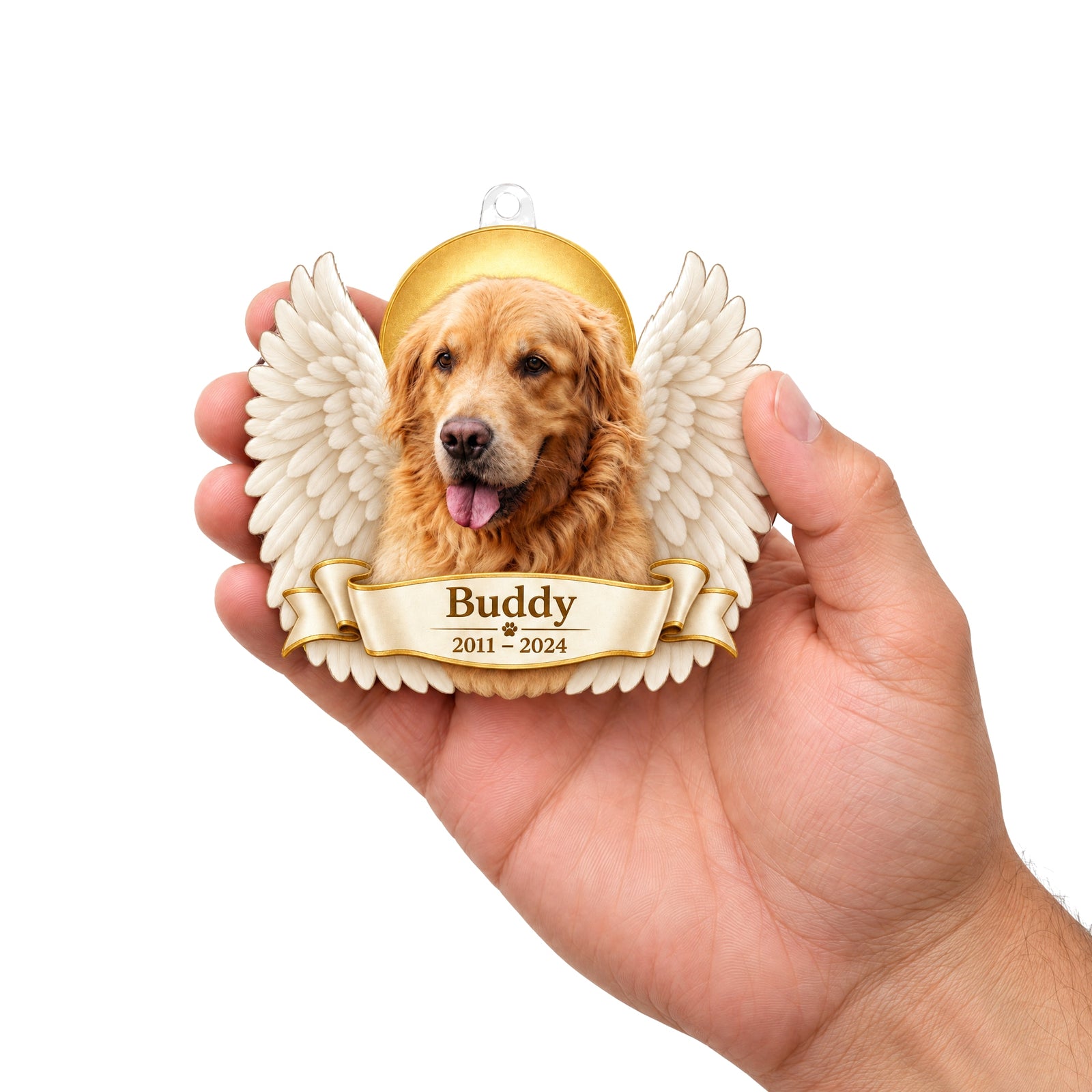 Personalized angel photo ornament held in a hand