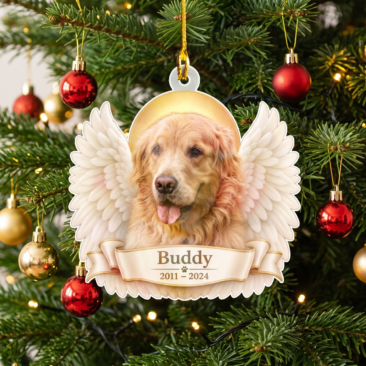 Personalized angel photo ornament hanging on a Christmas tree