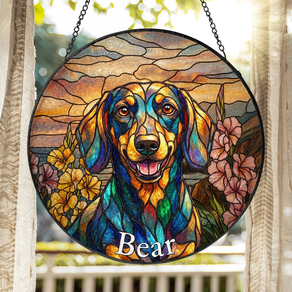 Personalized Dachshund &amp; Flowers Stained Glass Ornament