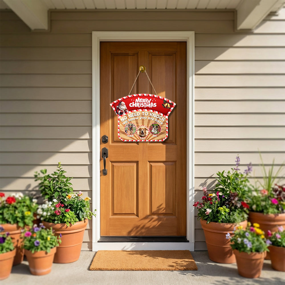 Personalized Christmas Pet Door Sign – “No Need to Knock, We Know You Are Here” – Cat or Dog Wooden Sign - Upload Photo