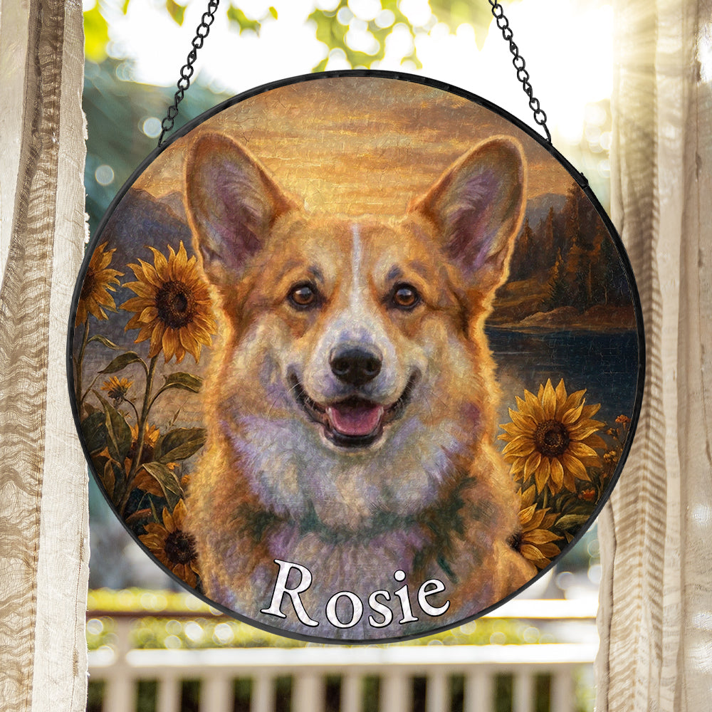 Personalized Corgi &amp; Sunflowers Stained Glass Ornament