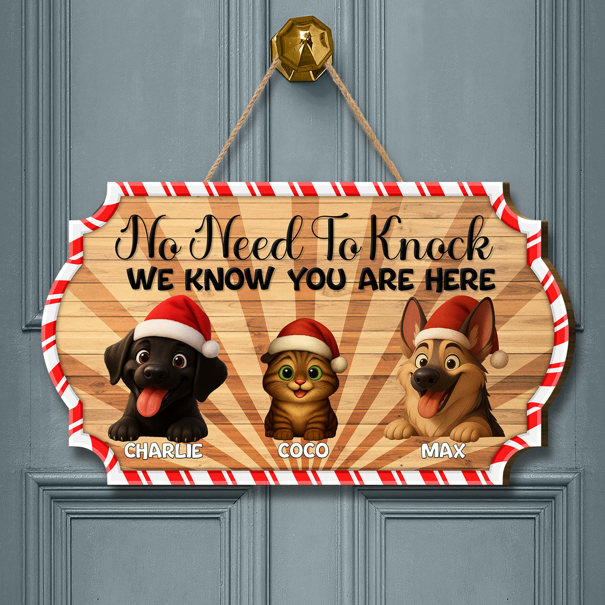 Personalized Christmas Pet Door Sign – “No Need to Knock, We Know You Are Here” – Cat &amp; Dog Wooden Sign - Upload Photo