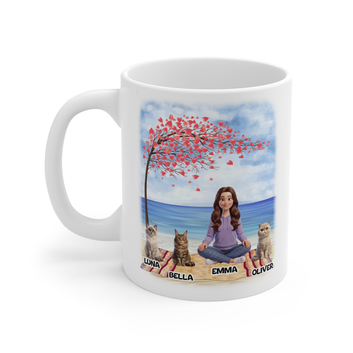 Personalisierte Katzen Tasse – Herzbaum am Strand