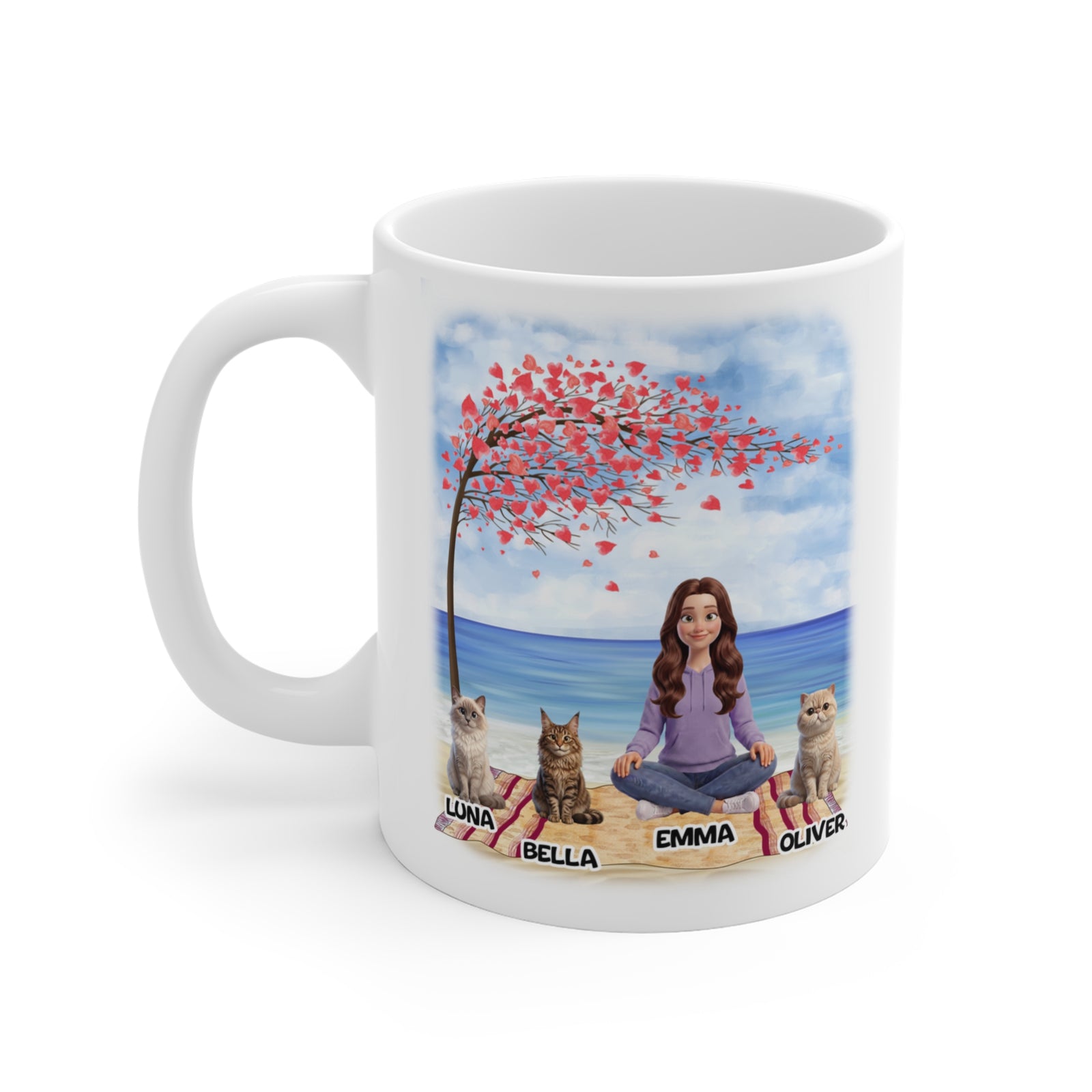 Tasse chat personnalisée – Plage arbre à cœurs