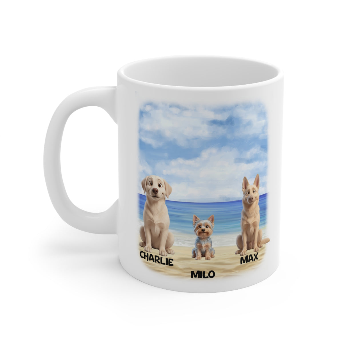 Personalised Dog Mug – Three Dogs on the Beach