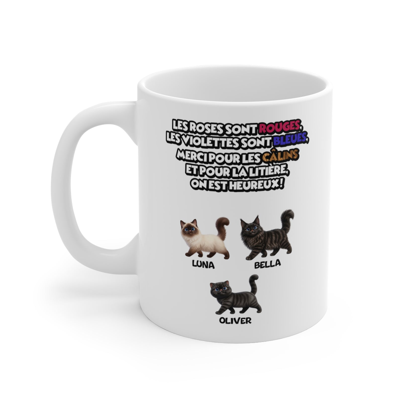 Tasse chat personnalisée – Poème Roses et Violettes