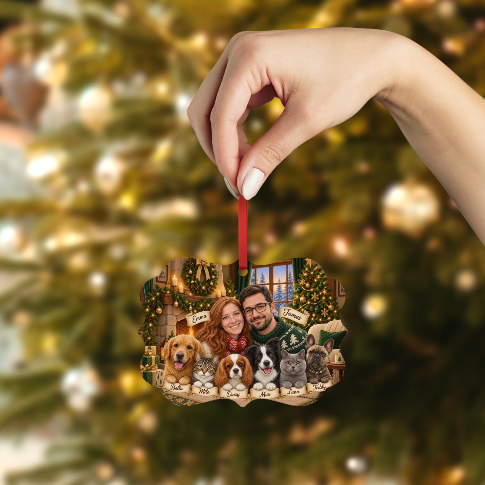 Hand hanging the Christmas couple and pets ornament on a Christmas tree