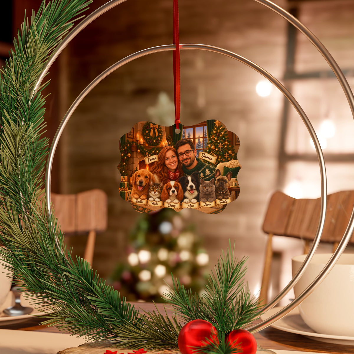 Christmas couple and pets ornament hanging in a wreath on a Christmas table