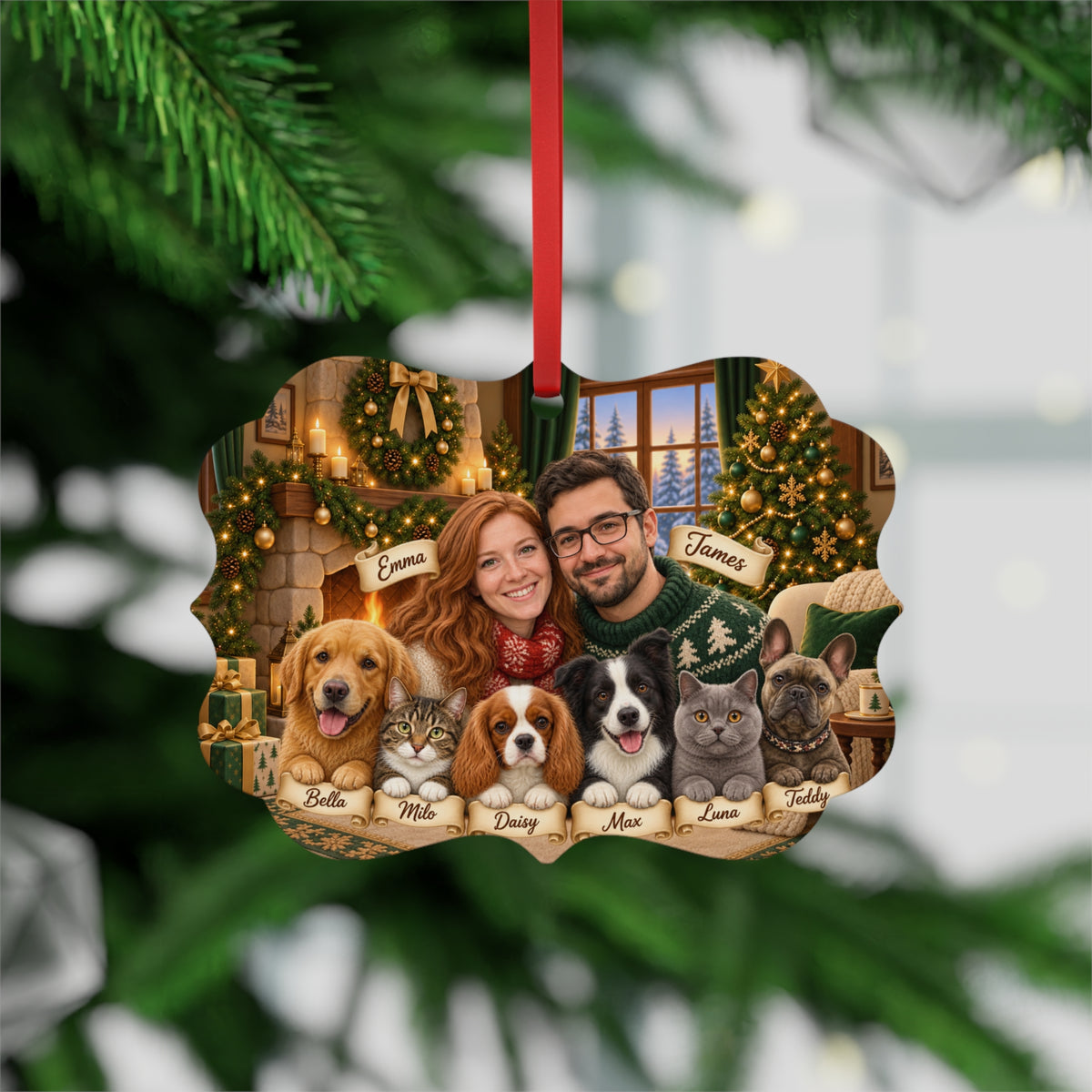 Personalized Christmas couple and pets ornament hanging on a Christmas tree