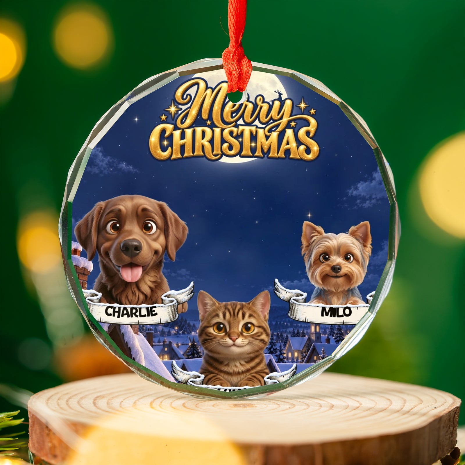 Personalized Pet Christmas Ornament – Moonlit Snowy Village