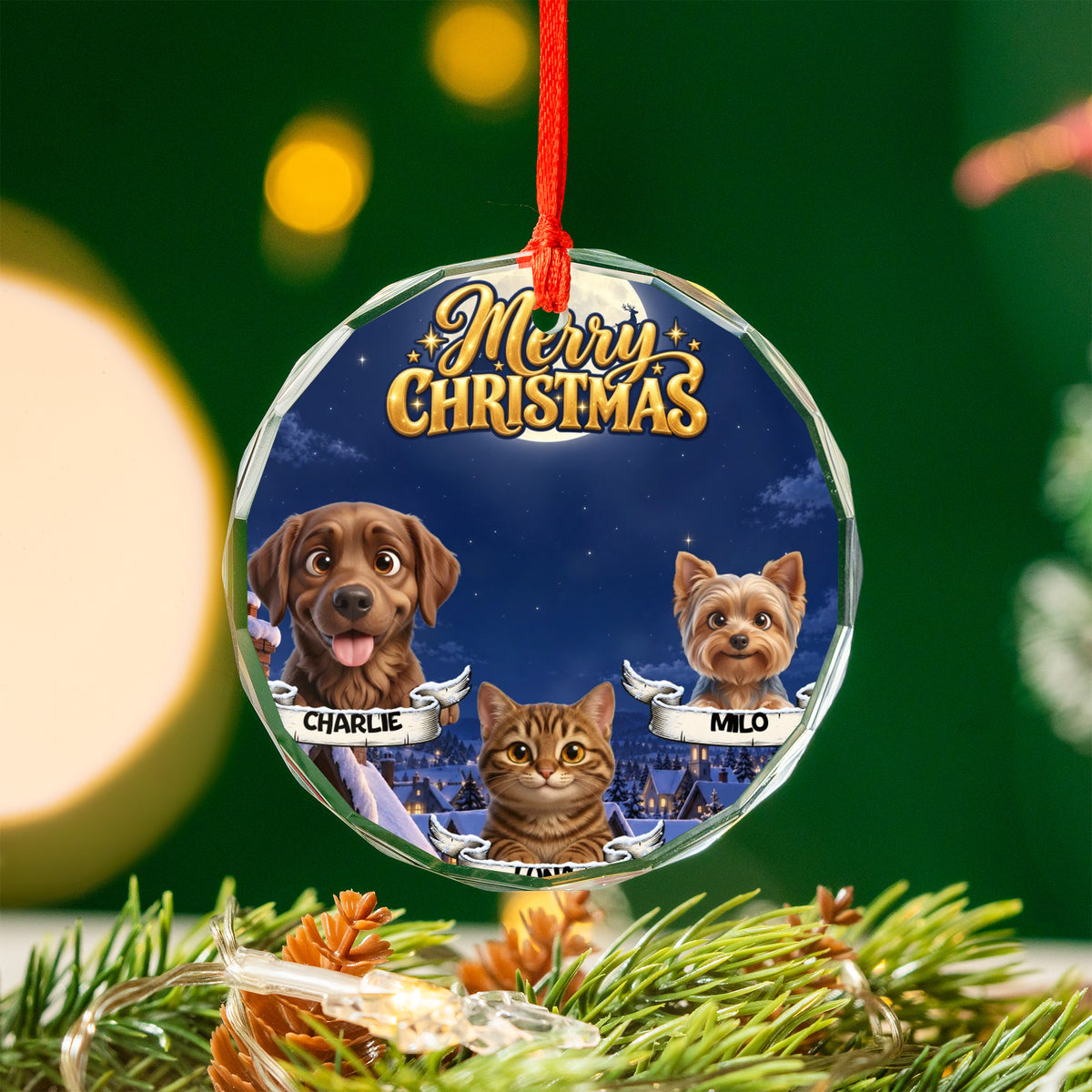 Personalized Pet Christmas Ornament – Moonlit Snowy Village – photo 4