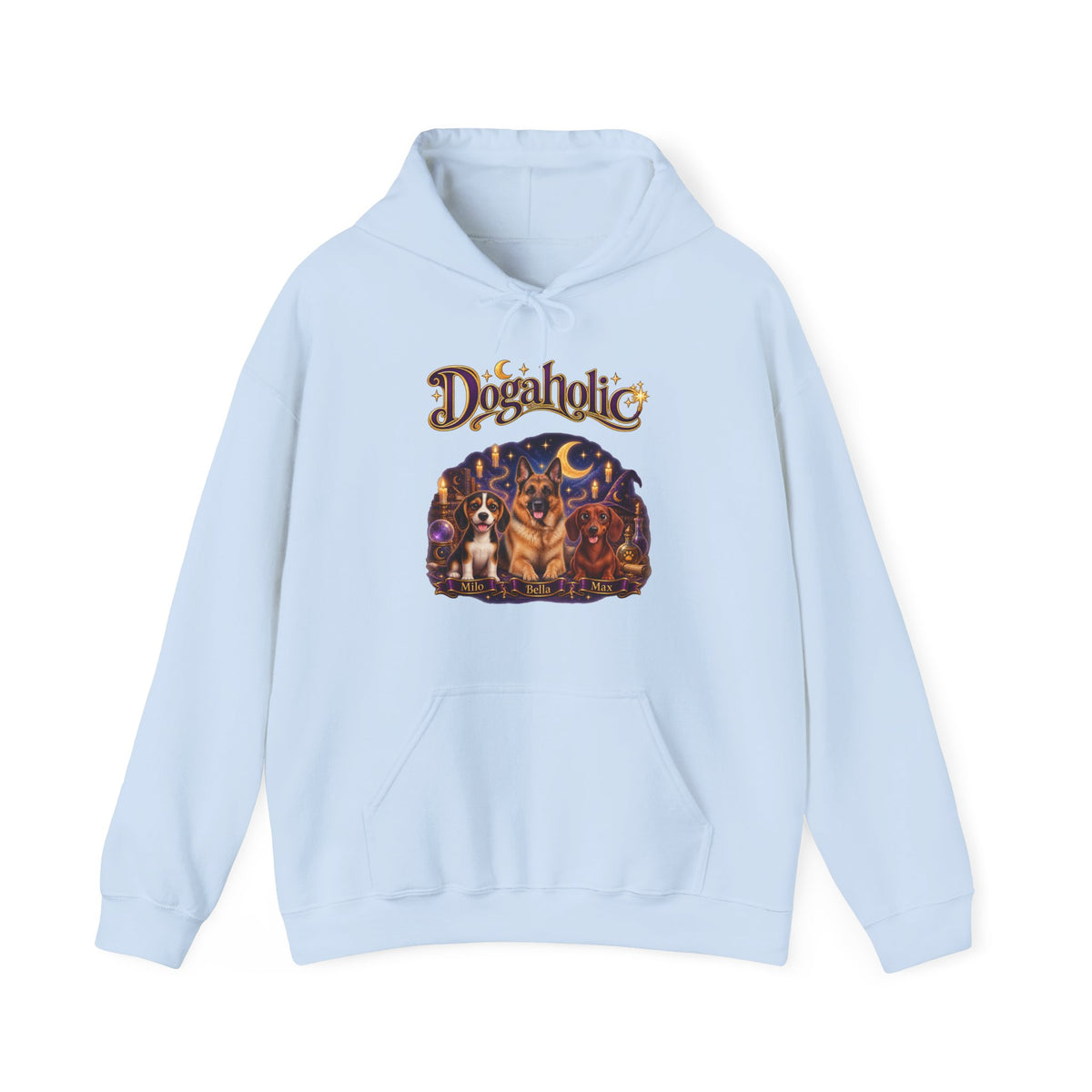 Personalized Graphic Tee – Dogaholic Wizard Dogs – Hoodie Light Blue