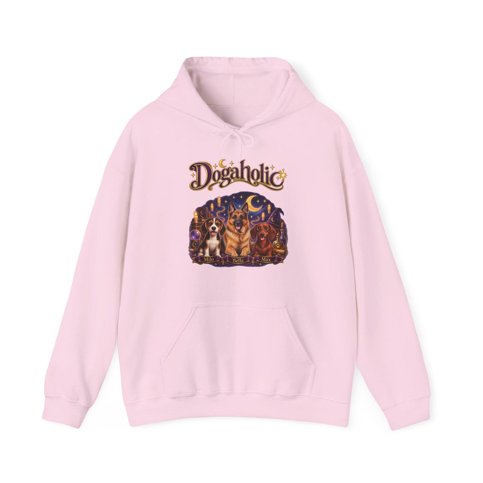 Personalized Graphic Tee – Dogaholic Wizard Dogs – Hoodie Light Pink