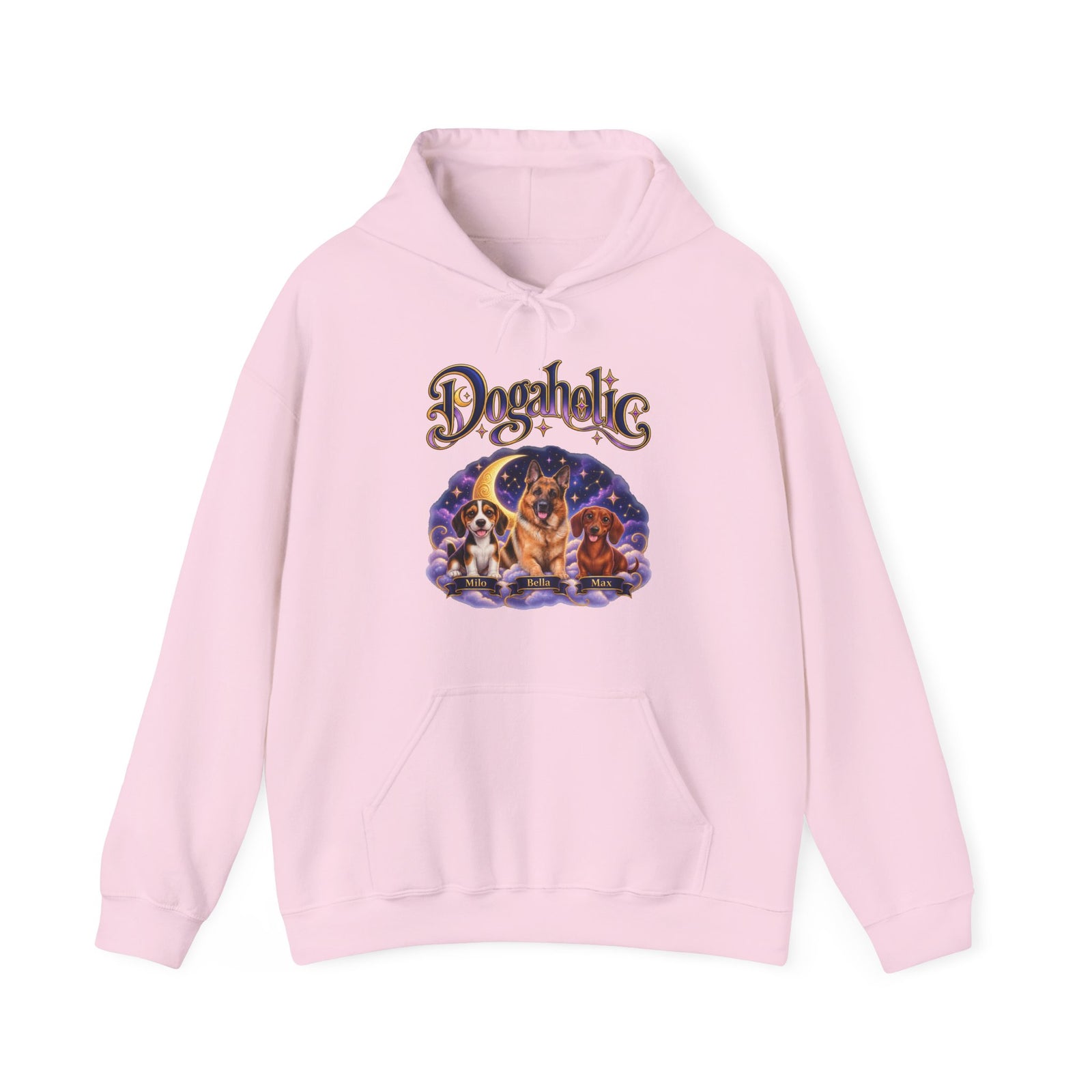 Personalized Graphic Tee – Dogaholic Celestial Dogs – Hoodie Light Pink
