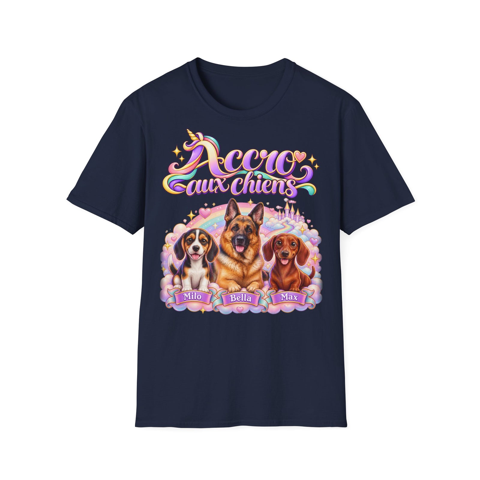 Tee shirt personnalisé – Chiens licorne arc-en-ciel