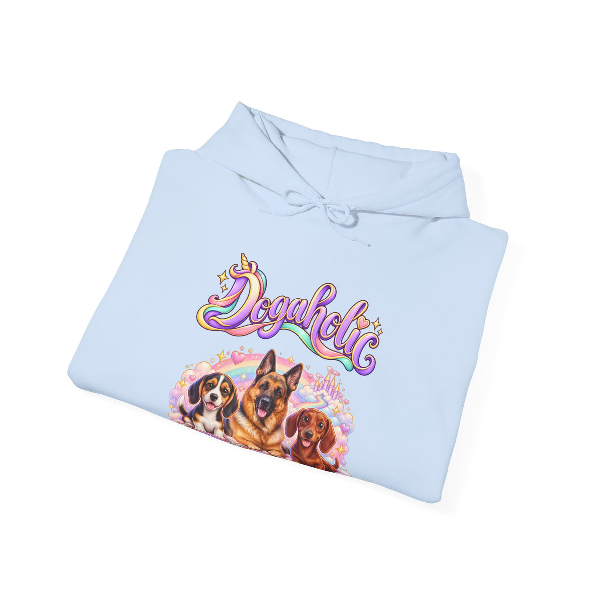 Personalized Graphic Tee – Dogaholic Unicorn Rainbow – Hoodie Light Blue
