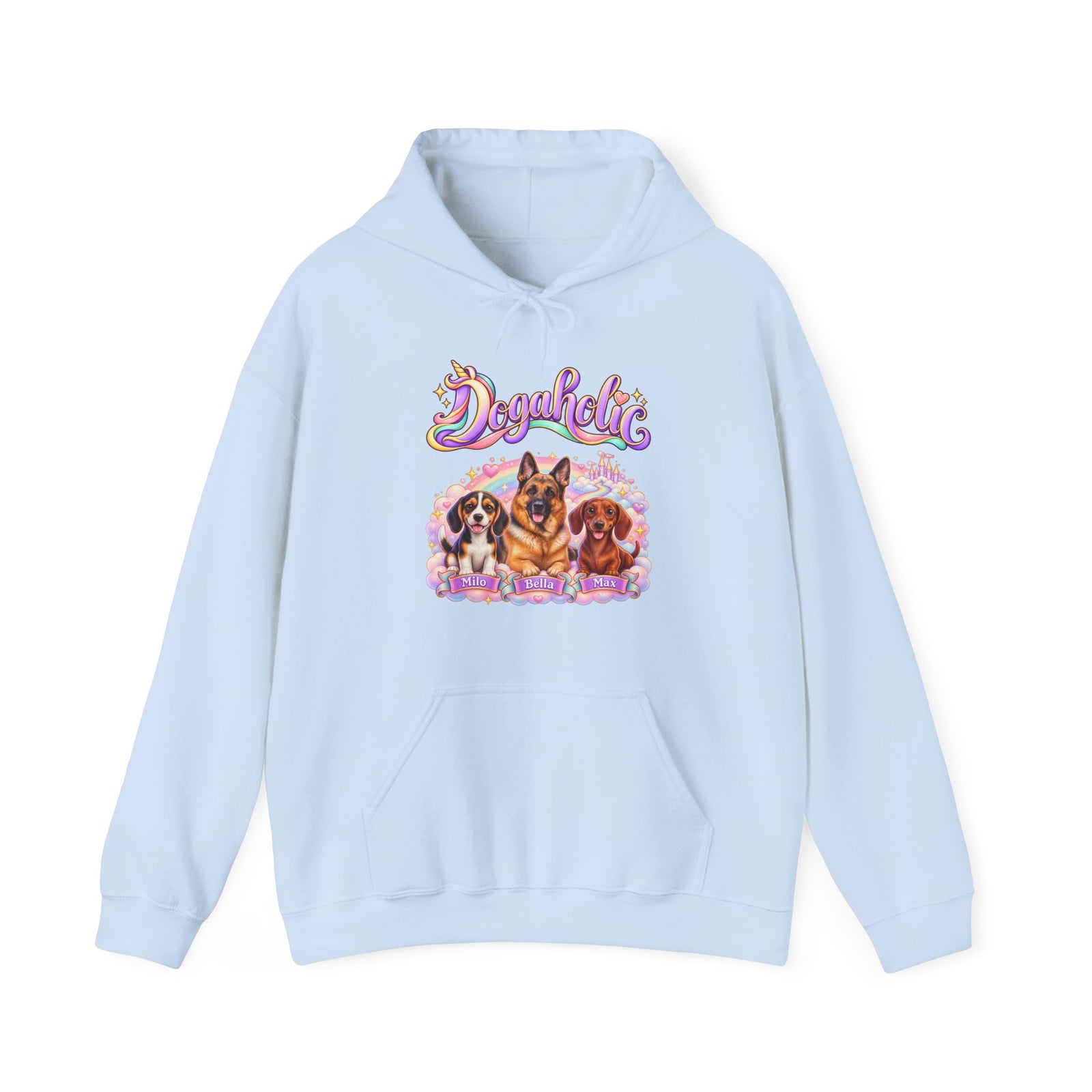 Personalized Graphic Tee – Dogaholic Unicorn Rainbow – Hoodie Light Blue