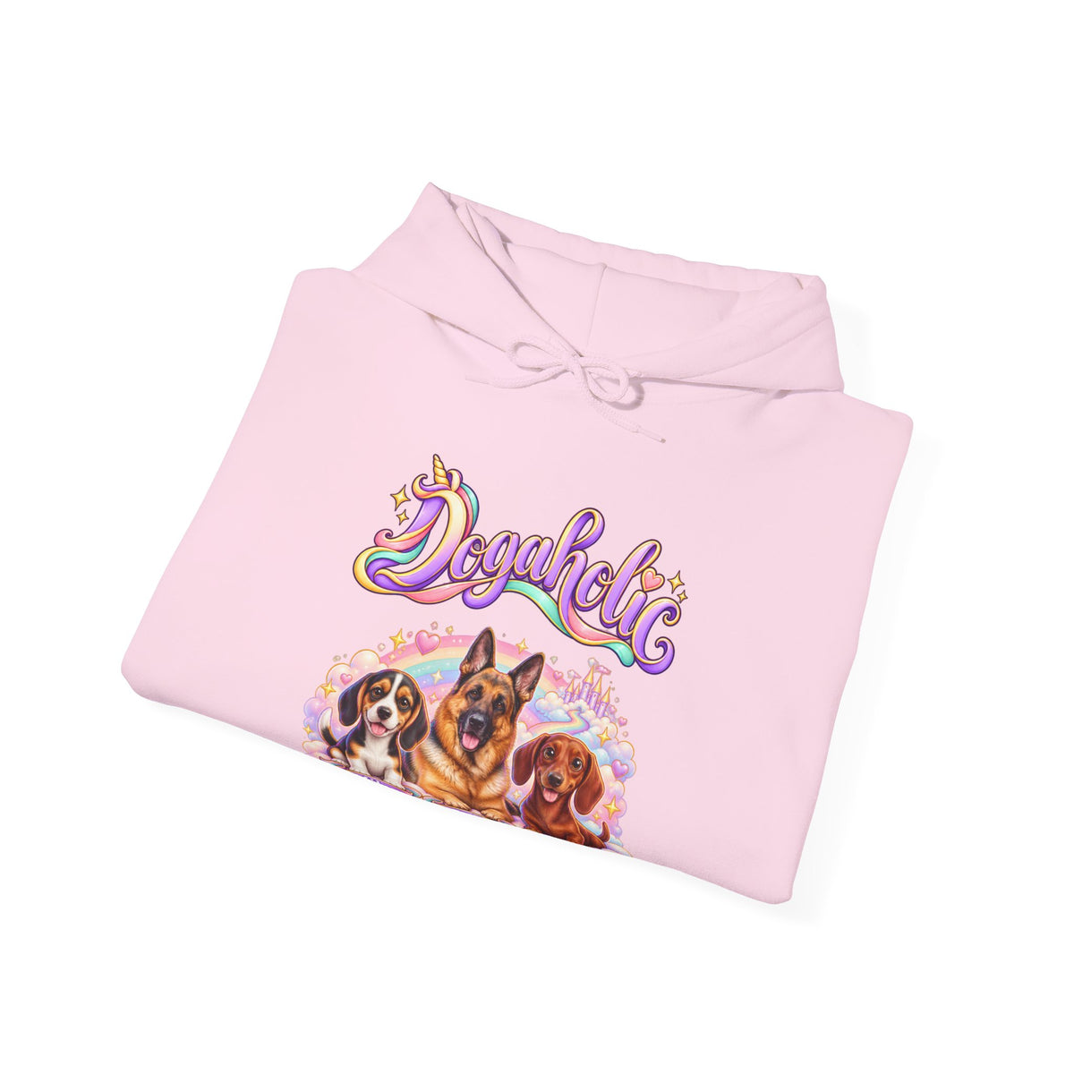 Personalized Graphic Tee – Dogaholic Unicorn Rainbow – Hoodie Light Pink