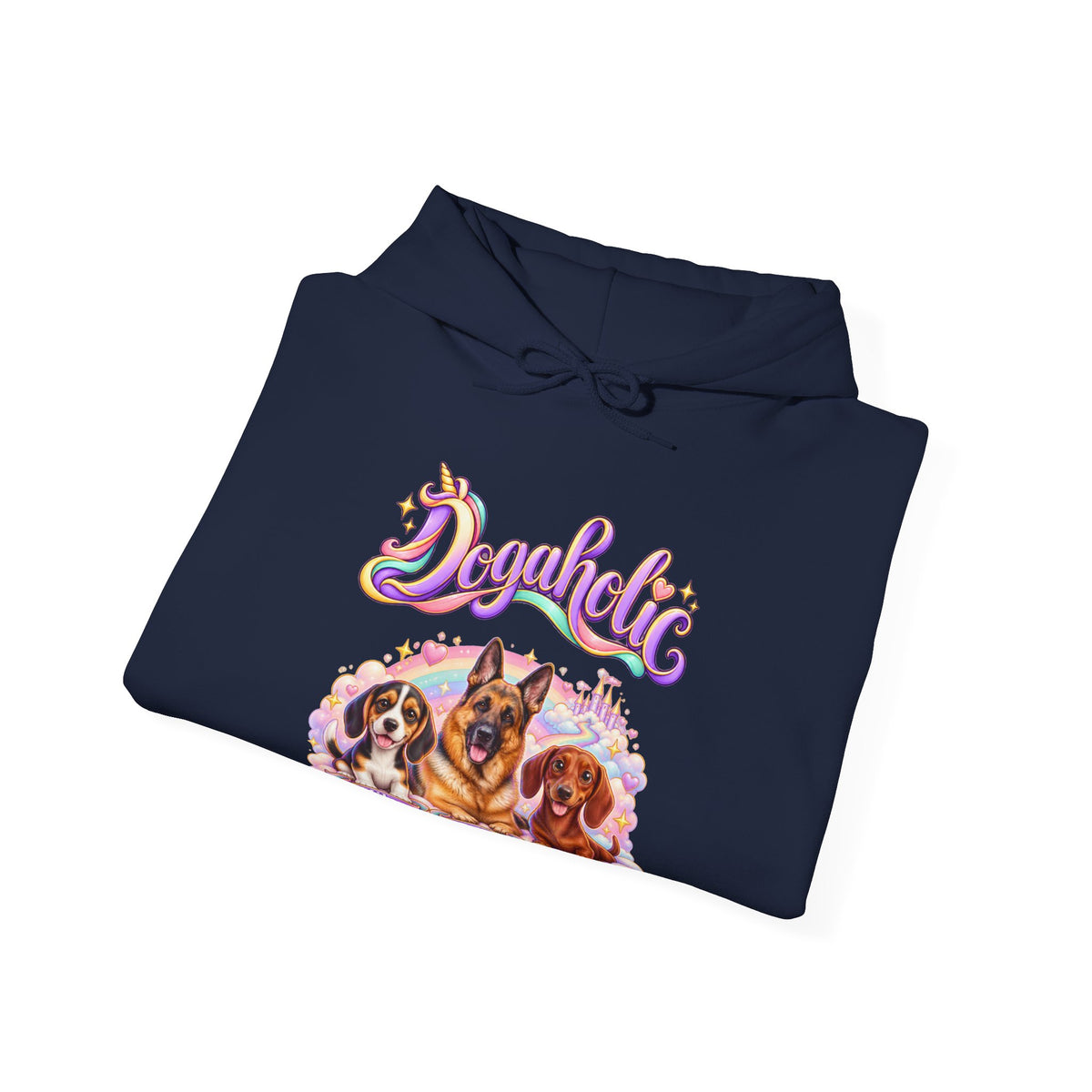 Personalized Graphic Tee – Dogaholic Unicorn Rainbow – Hoodie Navy