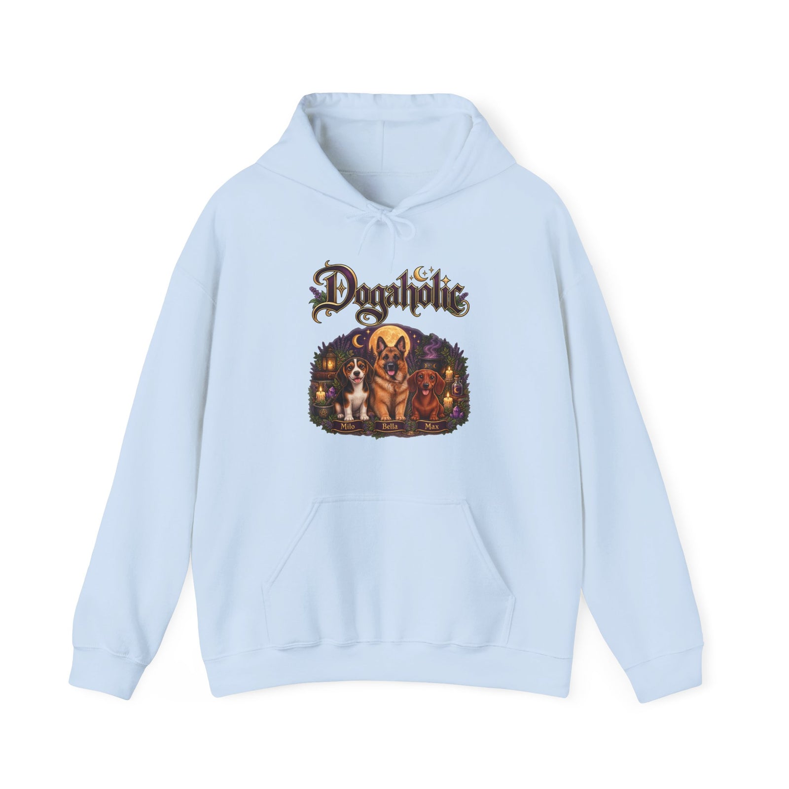 Personalized Graphic Tee – Witchy Dogaholic – Hoodie Light Blue