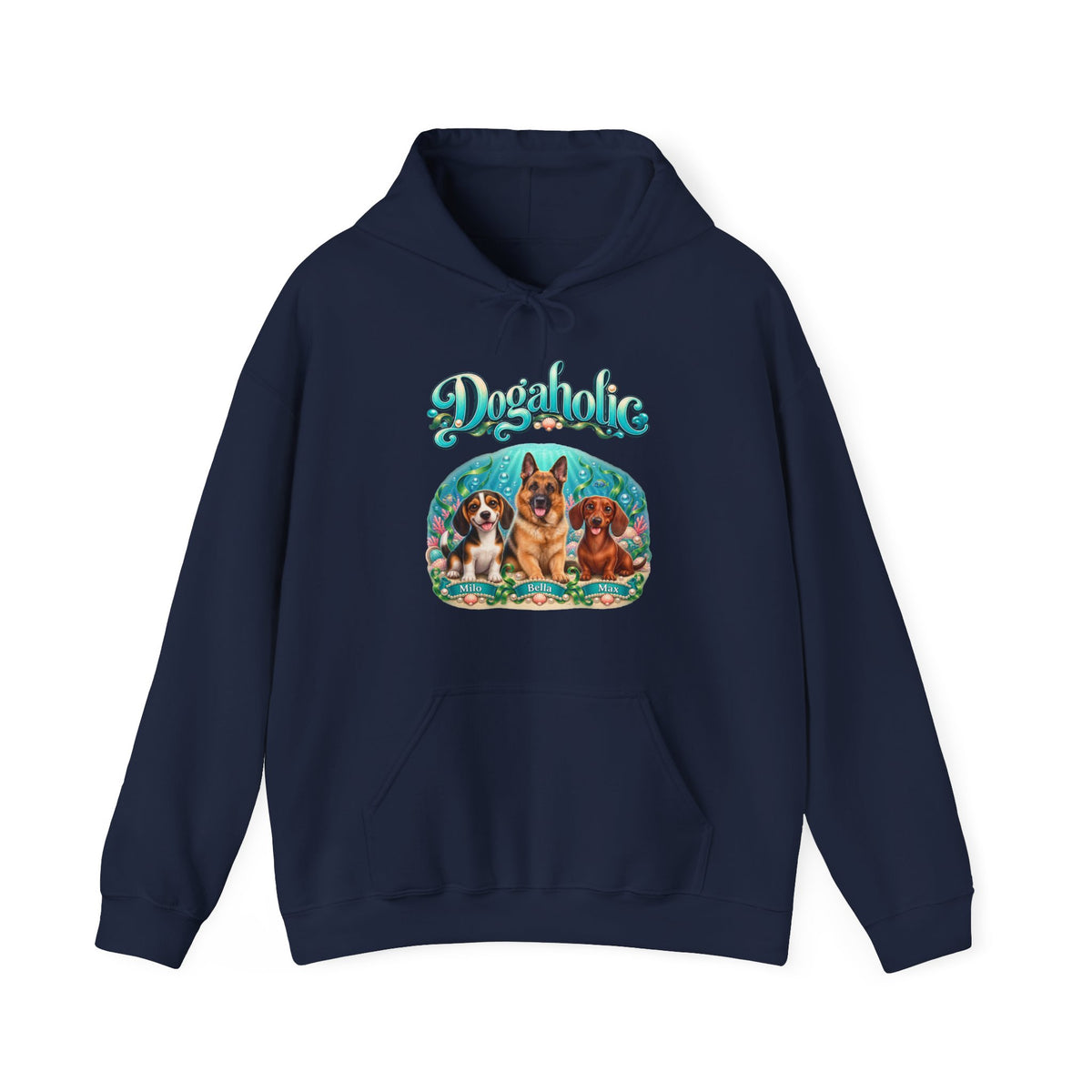 Personalized Graphic Tee – Dogaholic Mermaid Dogs – Hoodie Navy