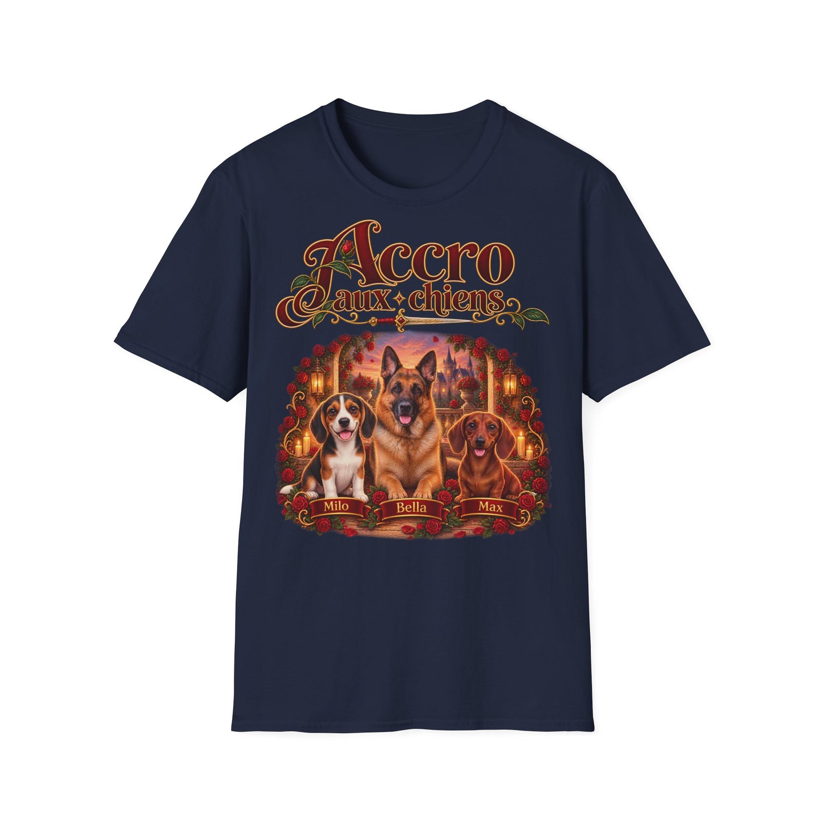 Tee shirt personnalisé – Chiens et roses rouges
