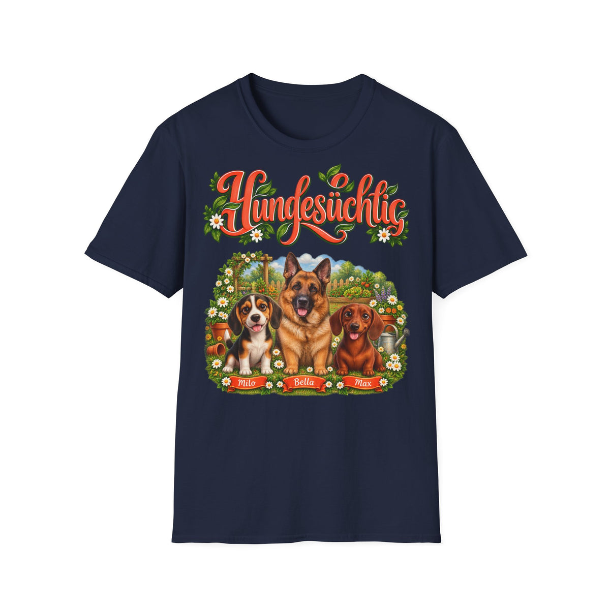 Personalisiertes T-Shirt – Hundesüchtig im Garten