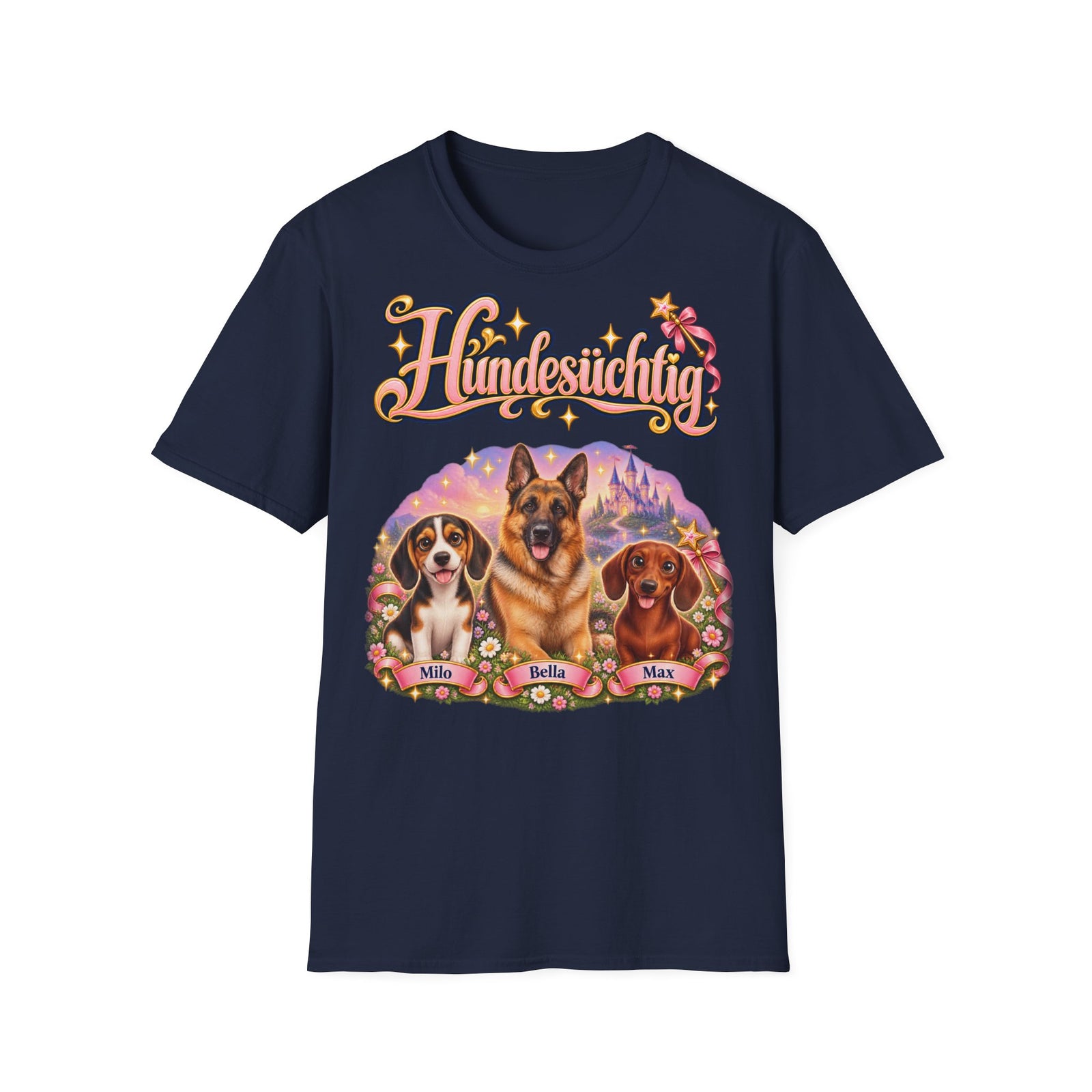 Personalisiertes T-Shirt mit Hunden – Hundesüchtig Märchenschloss