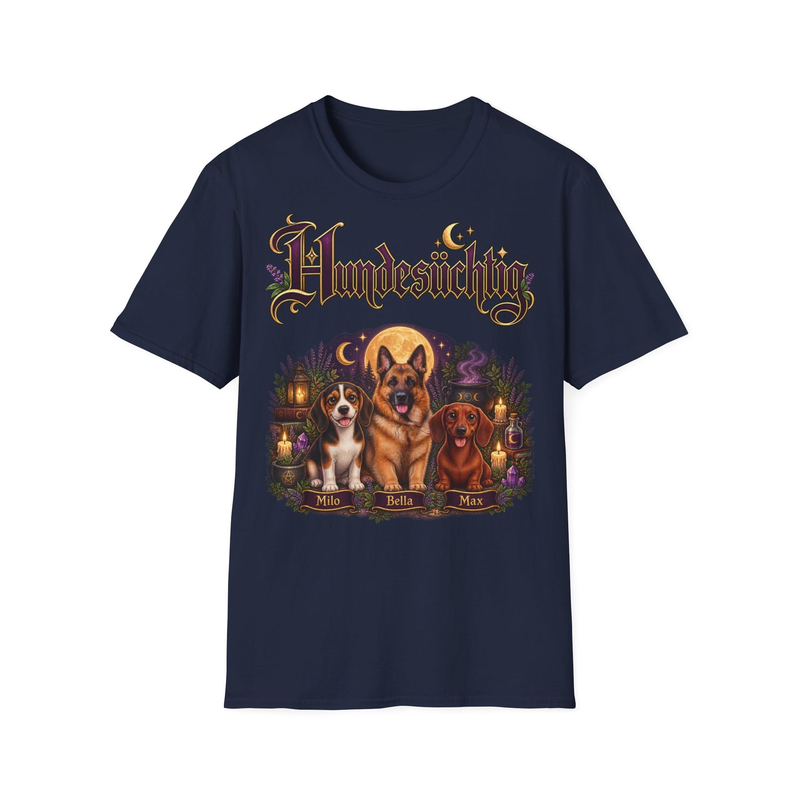 Personalisiertes T-Shirt – Hundesüchtig Hexenmotiv