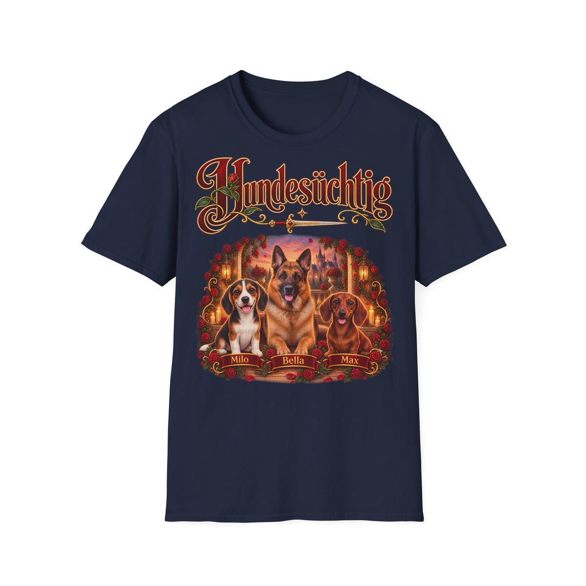 Personalisiertes T-Shirt – Hundesüchtig mit Rosen